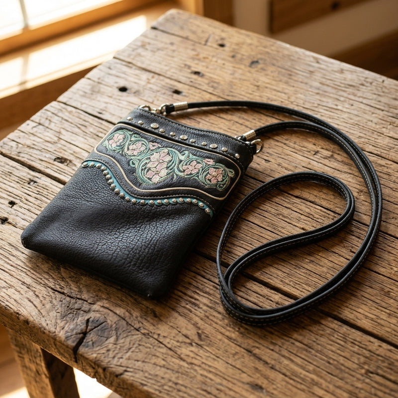 Load image into Gallery viewer, Rainbow Purse 15 - Black with Floral Design on Top
