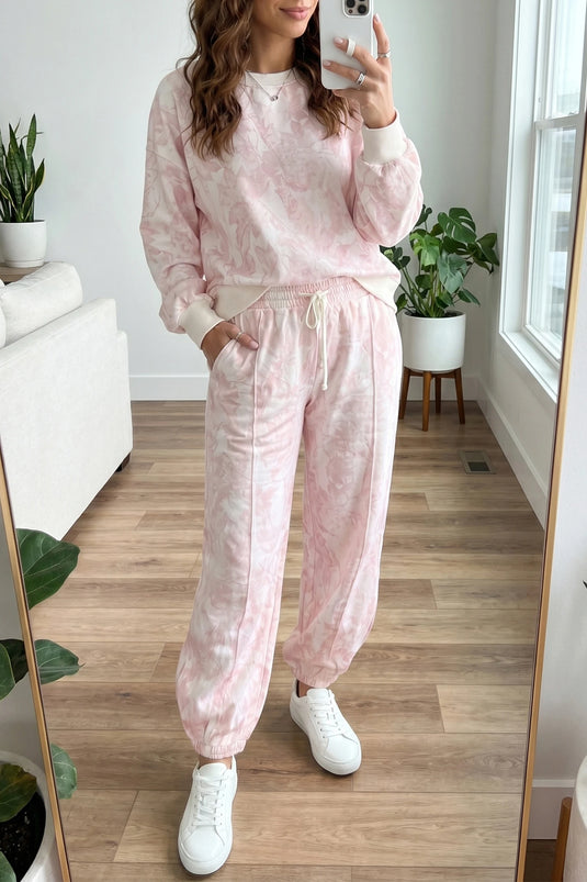 DLLS825 - Ladies Pink Abstract Print Drop Shoulder Drawstring Waist Drawstring Hem Pant Set