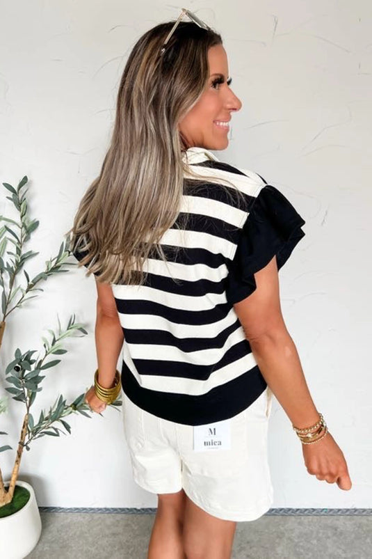 DLLS381- Ladies Black Stripe Collar V Neck Ruffled Short Sleeve Blouse