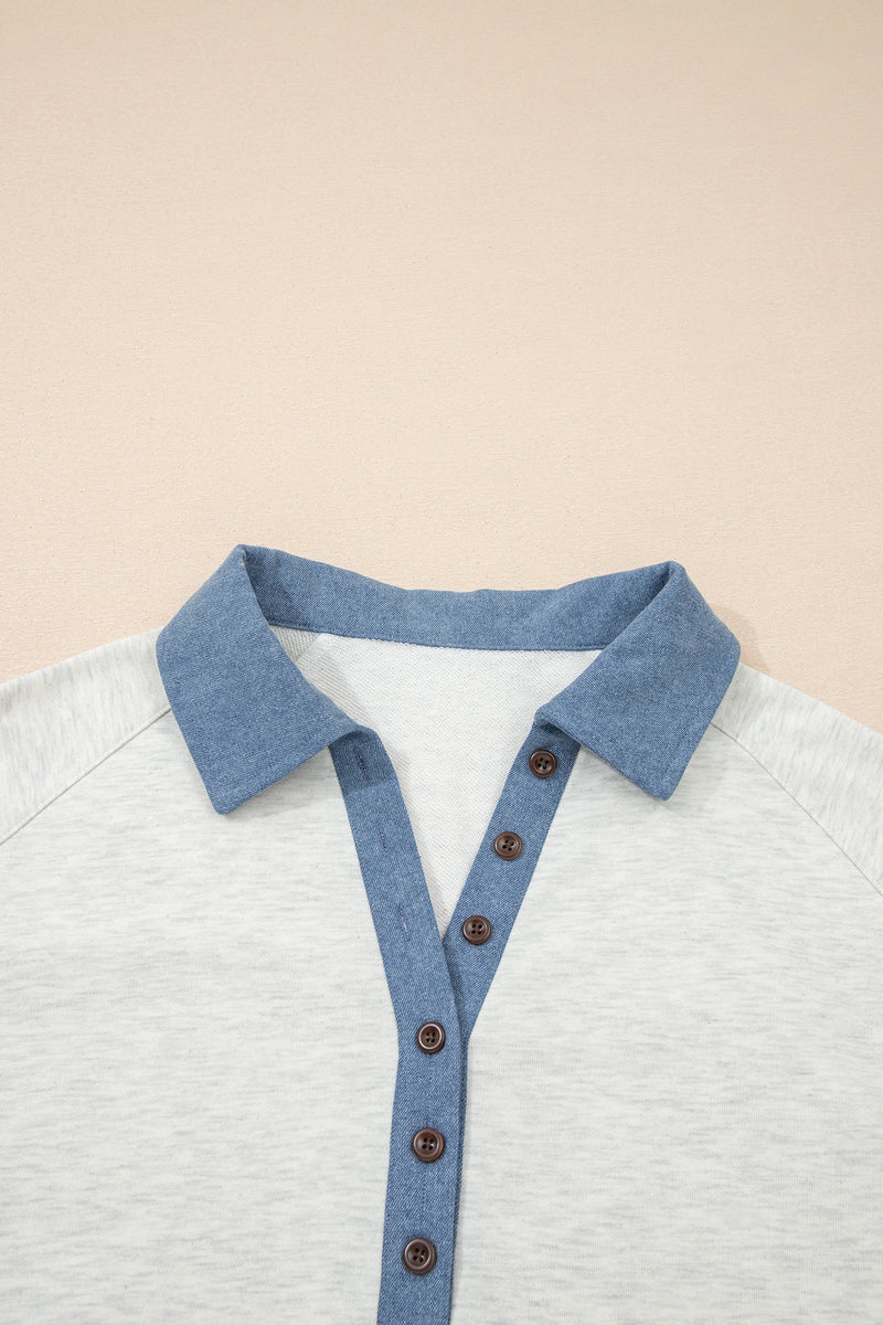 Load image into Gallery viewer, DLLS439 - Ladies Light Grey Denim Patchwork Buttoned Polo Collar Long Sleeve Top
