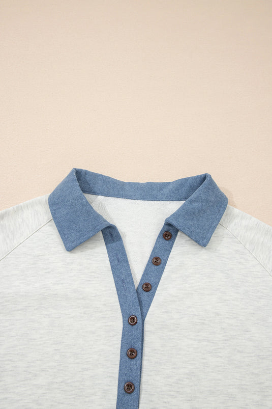 DLLS439 - Ladies Light Grey Denim Patchwork Buttoned Polo Collar Long Sleeve Top
