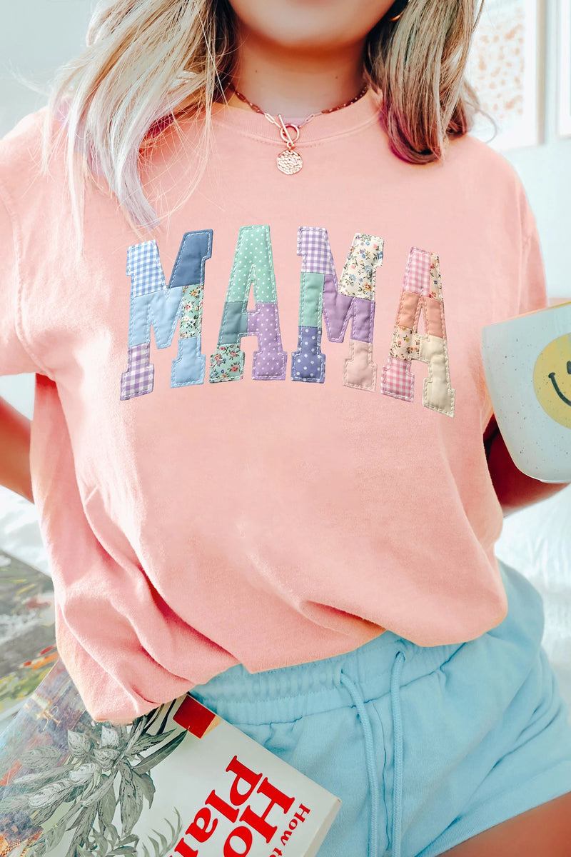 Load image into Gallery viewer, DLLS549 - Ladies Pink Faux Patchwork Print Floral MAMA Lettering T Shirt
