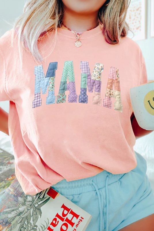 DLLS549 - Ladies Pink Faux Patchwork Print Floral MAMA Lettering T Shirt