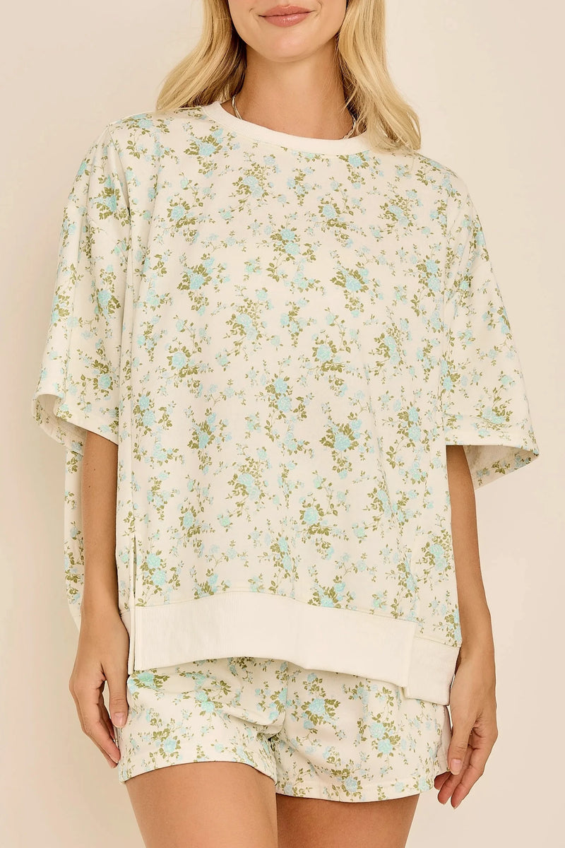 Load image into Gallery viewer, DLLS690 - Ladies Sky Blue Floral Print Oversized Sweat Tee Elastic Waist Short Set
