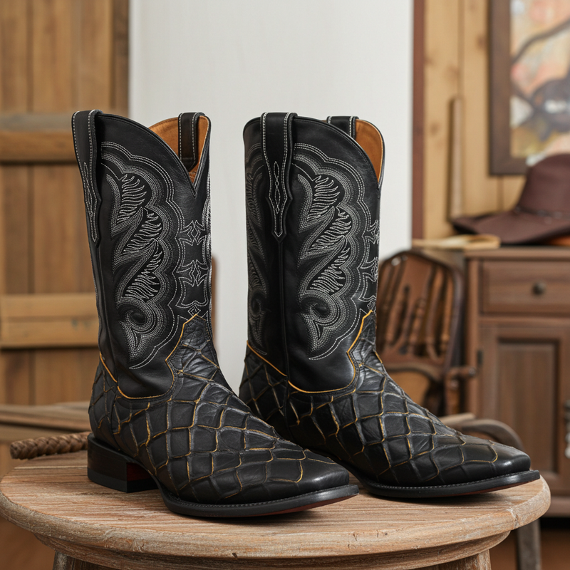 Load image into Gallery viewer, CP1702 - Cowboy Prayer Pirarucu Print w/Yellow Underlay Cowboy Boots
