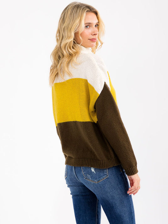 WFT 28 - WOMEN'S TURTLE NECK COLORBLOCK KNIT PULLOVER SWEATER