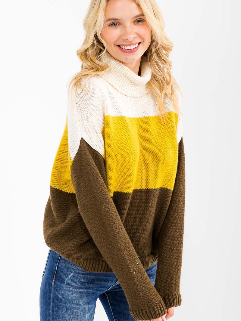 Load image into Gallery viewer, WFT 28 - WOMEN&#39;S TURTLE NECK COLORBLOCK KNIT PULLOVER SWEATER
