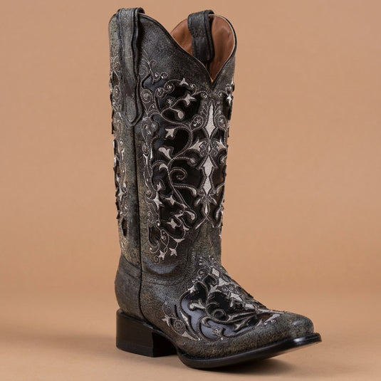 2816 - RockinLeather Women's Black Crater Square Toe Western Boot