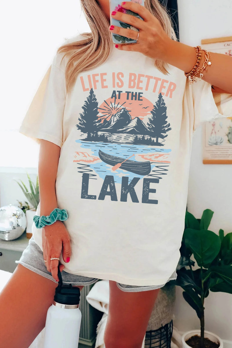 Load image into Gallery viewer, DLLS600 - Ladies White LIFE IS BETTER AT THE LAKE Graphic Tunic T Shirt
