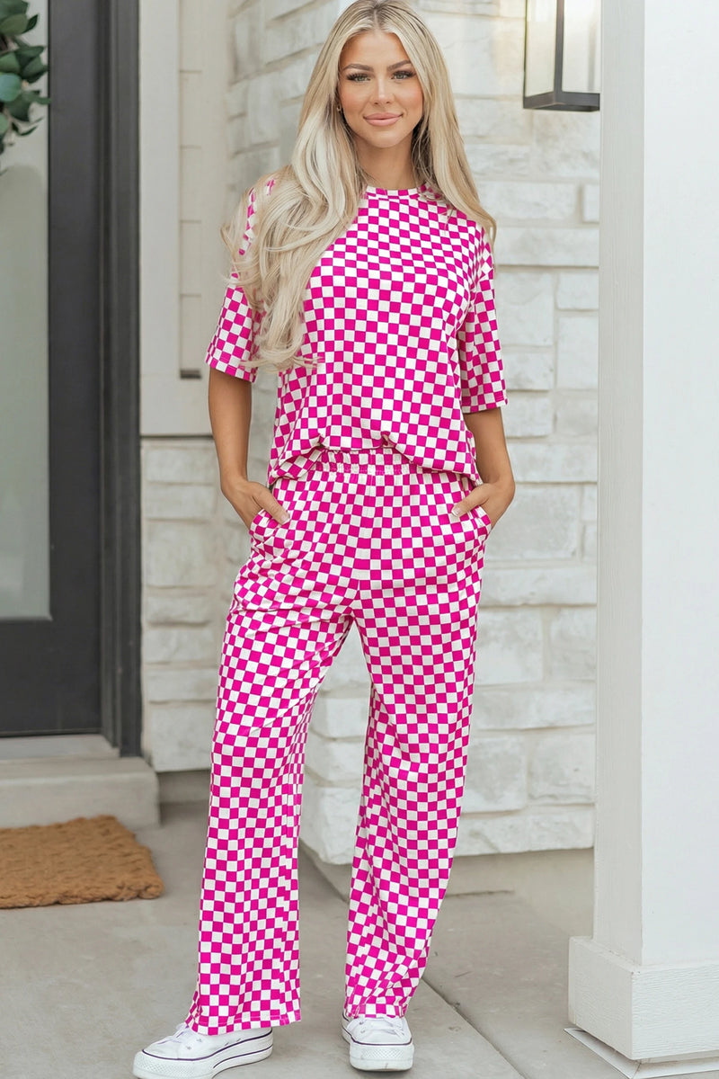 Load image into Gallery viewer, DLLS994 - Ladies Rose Checkered Print Half Sleeve Tee 2pcs Lounge Pant Set
