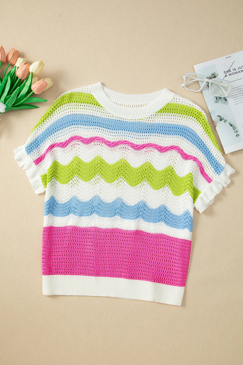 Load image into Gallery viewer, DLLS570 - Ladies White Color Block Crochet Knit Ruffled Short Sleeve Sweater Top
