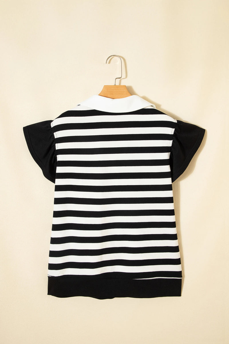 Load image into Gallery viewer, DLLS381- Ladies Black Stripe Collar V Neck Ruffled Short Sleeve Blouse
