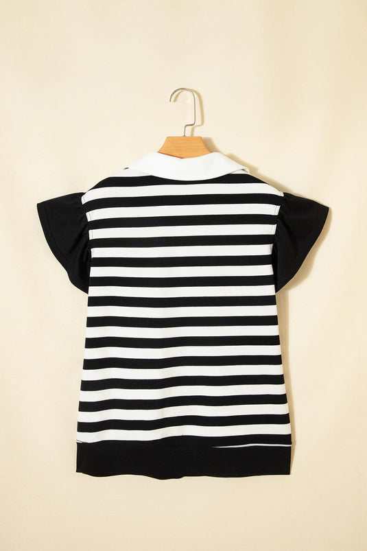 DLLS381- Ladies Black Stripe Collar V Neck Ruffled Short Sleeve Blouse