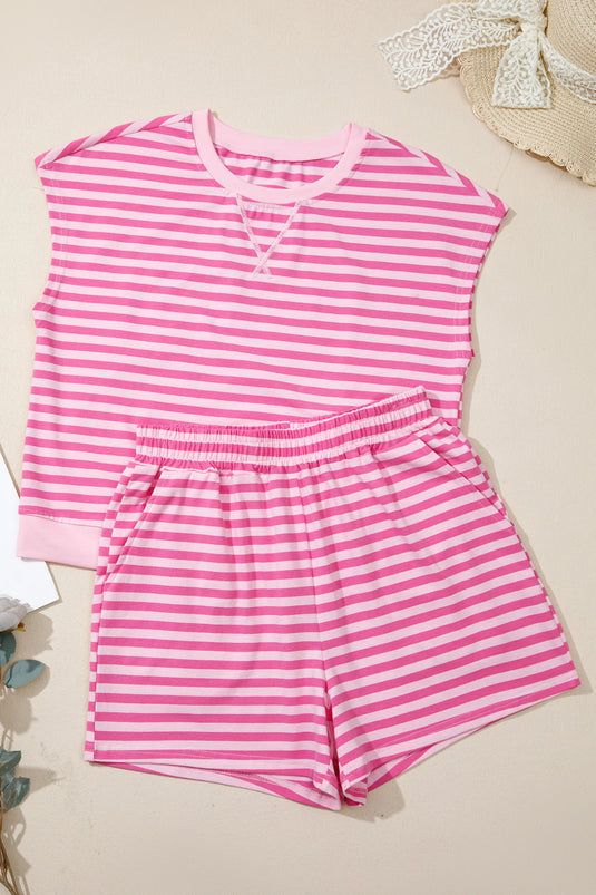 DLLS619 - Ladies Pink Stripe Cap Sleeve Tee Elastic Waist Shorts 2pcs Outfit