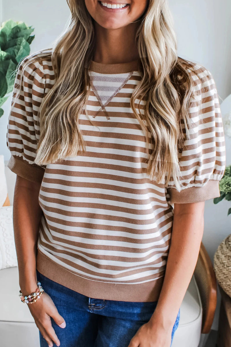 Load image into Gallery viewer, DLLS548 - Ladies Khaki Stripe Short Bubble Sleeve T Shirt
