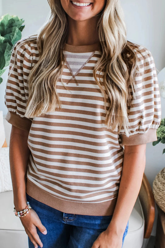 DLLS548 - Ladies Khaki Stripe Short Bubble Sleeve T Shirt