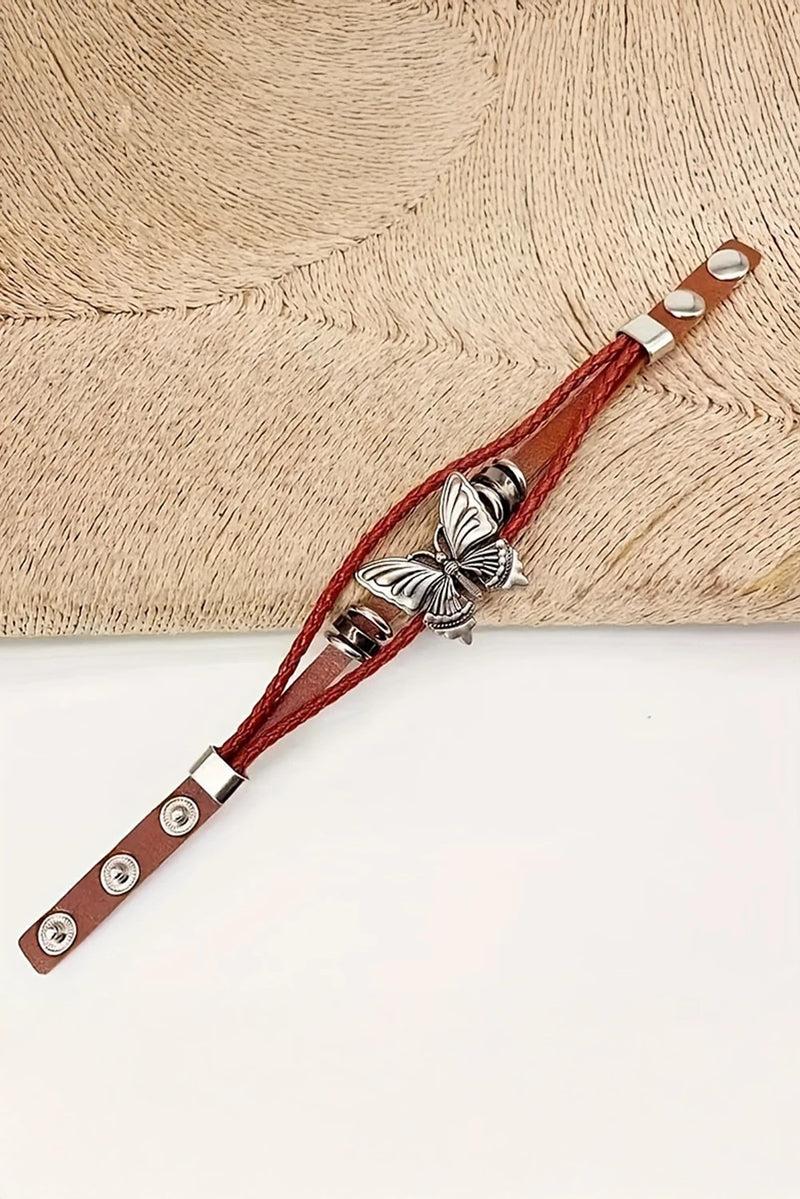 Load image into Gallery viewer, DLLBC 10 - Mineral Red Retro Butterfly Decor Exotic Faux Leather Braided Snap Button Bracelet
