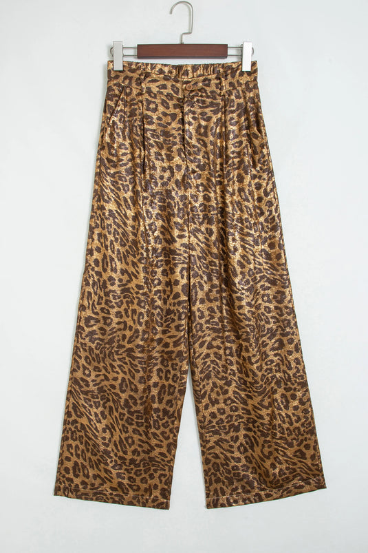 DLLS798 - Ladies Multicolour Leopard Print Western Style Wide Leg Full Length Pants