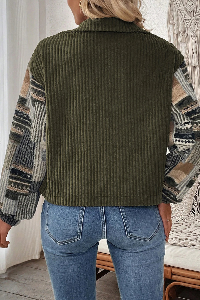 Load image into Gallery viewer, DLLS178 - Ladies Jungle Green Ribbed Fleece Plaid Print Patchwork Button Up Jacket
