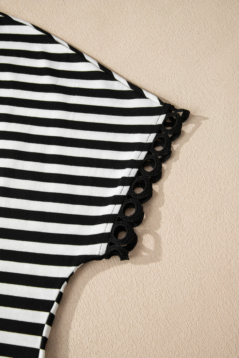 Load image into Gallery viewer, DLLS348 - Ladies Black Striped Print V Neck Delicate Trim Casual Tee
