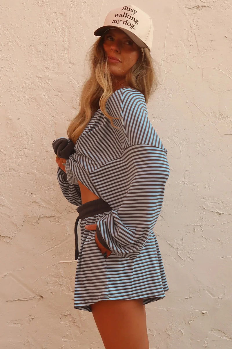 Load image into Gallery viewer, DLLS1083 - Ladies Brown Stripe Oversized Long Sleeve Top Drawstring Loose Shorts 2pcs Set
