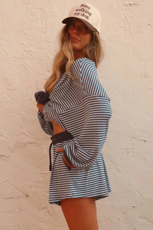 DLLS1083 - Ladies Brown Stripe Oversized Long Sleeve Top Drawstring Loose Shorts 2pcs Set