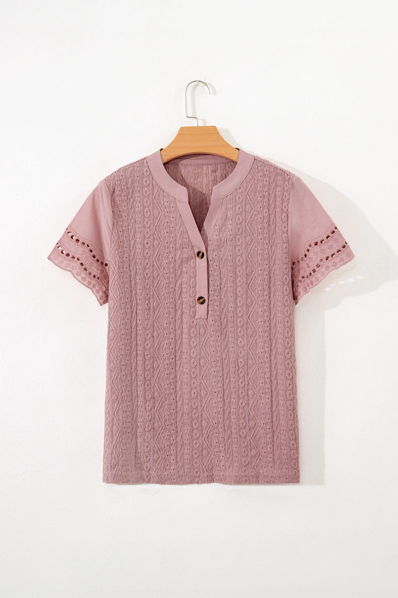 Load image into Gallery viewer, DLLS342 - Ladies Fushia Textured Embroidered Half Buttons Short Sleeve Blouse
