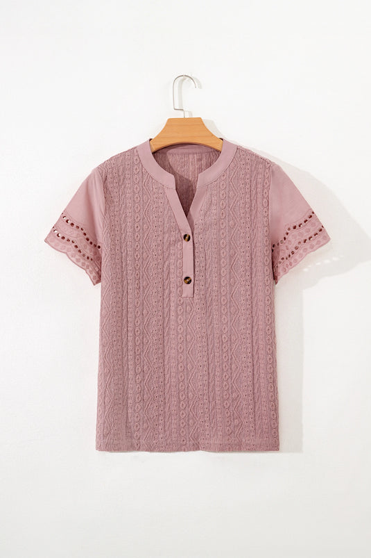 DLLS342 - Ladies Fushia Textured Embroidered Half Buttons Short Sleeve Blouse