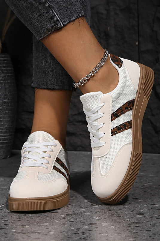DLLSHOE 28 - White Textured Woven PU Leather Leopard Patchwork Flat Sneakers