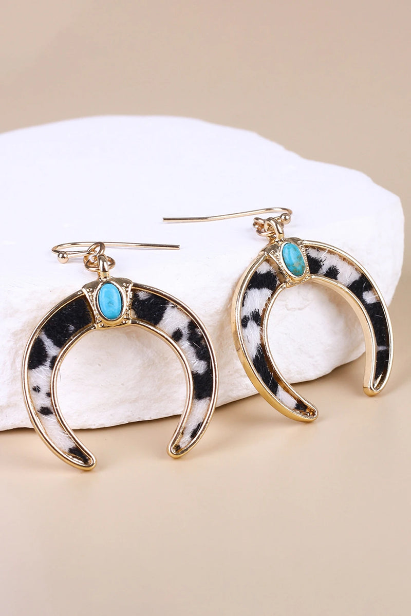 Load image into Gallery viewer, DLLER 16 - Black Cow Print Turquoise Inlay Crescent Shaped Dangle Earrings
