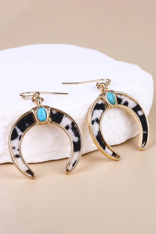 DLLER 16 - Black Cow Print Turquoise Inlay Crescent Shaped Dangle Earrings