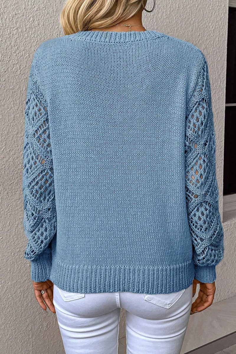 Load image into Gallery viewer, DLLS354 -  Ladies Beau Blue Solid V Neck Pointelle Knit Sleeve Patchwork Sweater
