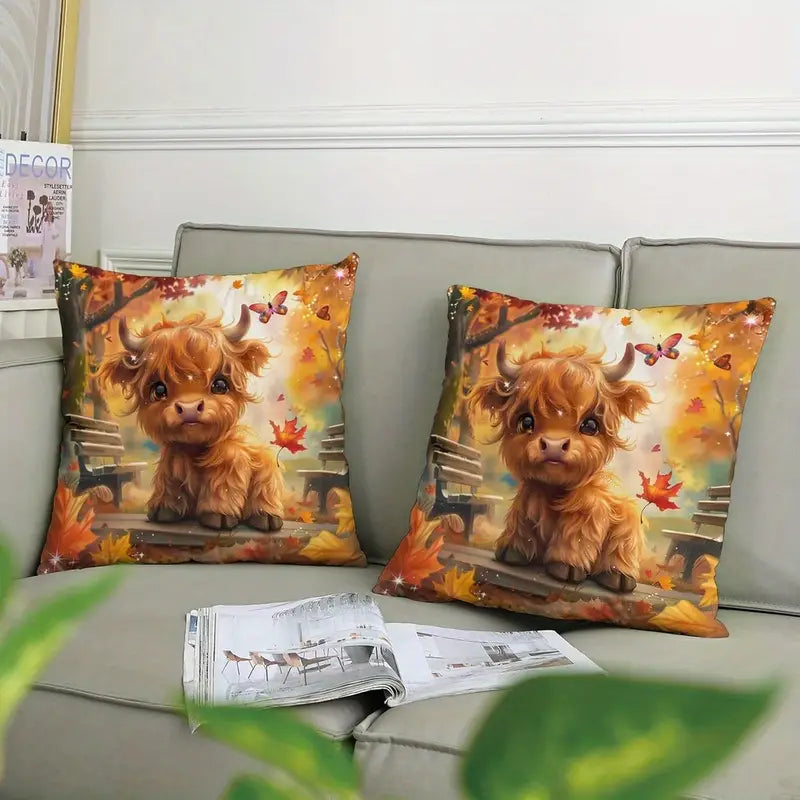 Load image into Gallery viewer, TMPL51 - Set of 2 - 18&quot; x 18&quot; Fall Young Highland Cow Throw Pillows
