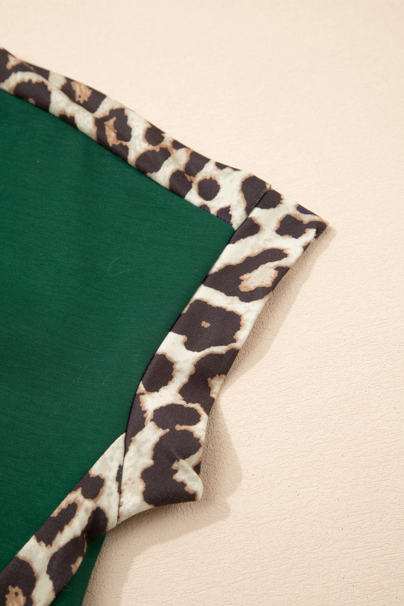 Load image into Gallery viewer, DLLS510 - Ladies Sea Green Leopard Trim Round Neck Loose T Shirt
