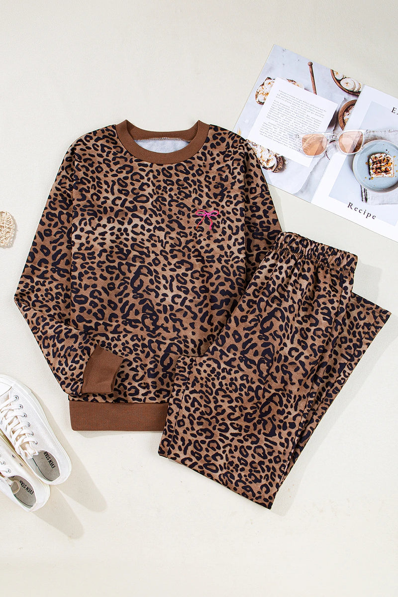 Load image into Gallery viewer, DLLS312 - Ladies Coffee Leopard Print Contrast Trim Long Sleeve Top and Pants Set
