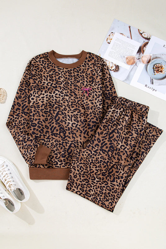 DLLS312 - Ladies Coffee Leopard Print Contrast Trim Long Sleeve Top and Pants Set
