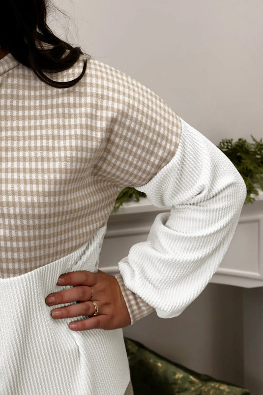 DLLS808 - Ladies Khaki Patchwork Checkered Long Sleeve Round Neck Plus Size Blouse