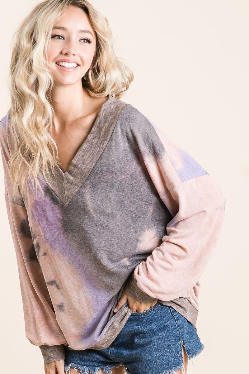 Load image into Gallery viewer, BIBI1- Ladies Tie Dye French Terry V Neck Top With Contrast Band
