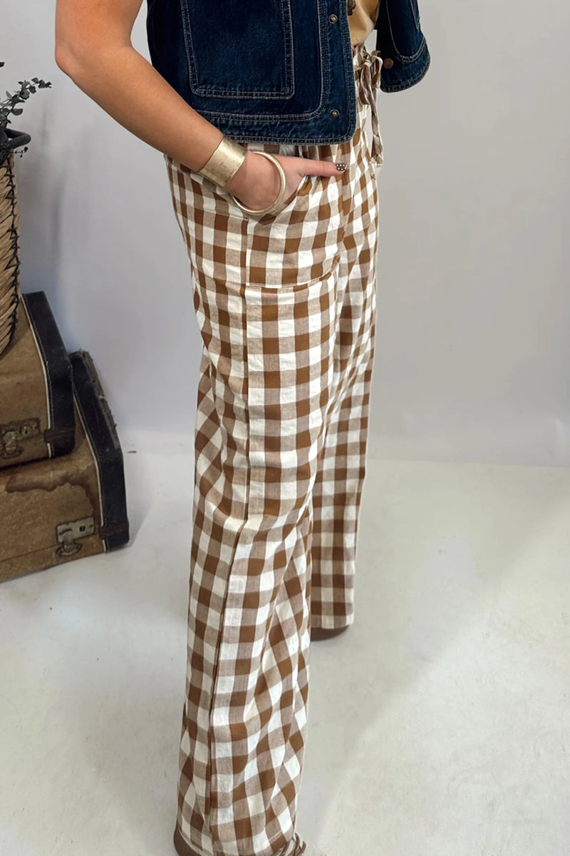 Load image into Gallery viewer, DLLS763 - Ladies Brown Gingham Plaid Tie Elastic Waist Shift Pants
