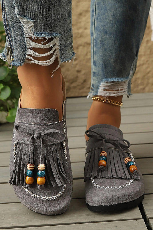DLLSHOE 172 - Grey Boho Fringed Suede Slip-on Loafers Square Toe Casual Slippers