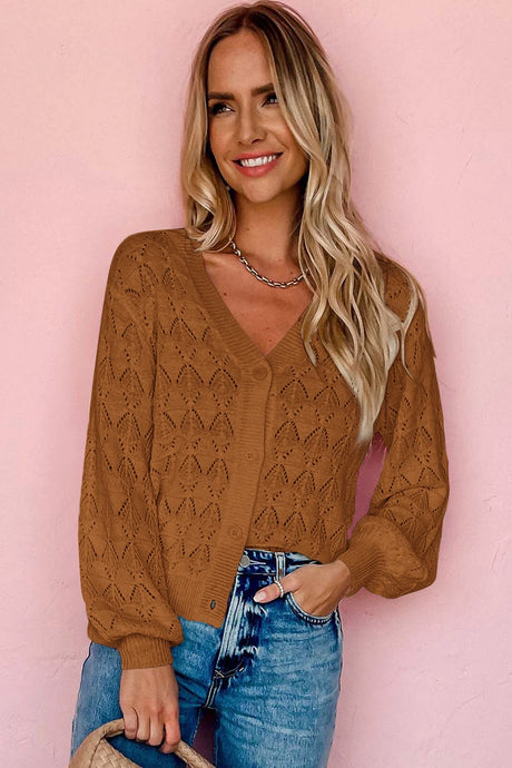 DLLS133 - Ladies Brown Lightweight Buttoned Front Crochet Cardigan