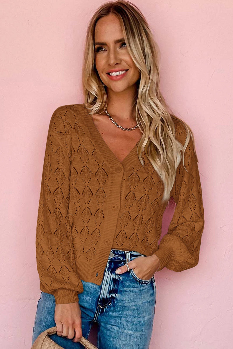 Load image into Gallery viewer, DLLS133 - Ladies Brown Lightweight Buttoned Front Crochet Cardigan
