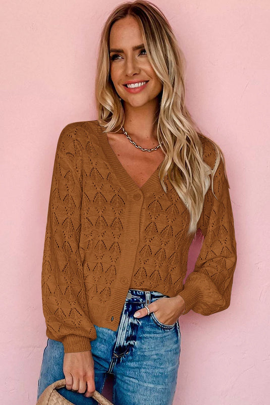 DLLS133 - Ladies Brown Lightweight Buttoned Front Crochet Cardigan