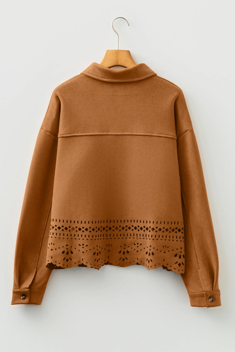 Load image into Gallery viewer, DLLS754 - Ladies Thai Curry Solid Color Faux Suede Hollowed Detail Retro Style Jacket
