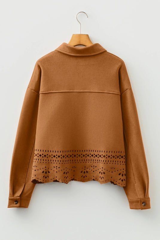 DLLS754 - Ladies Thai Curry Solid Color Faux Suede Hollowed Detail Retro Style Jacket