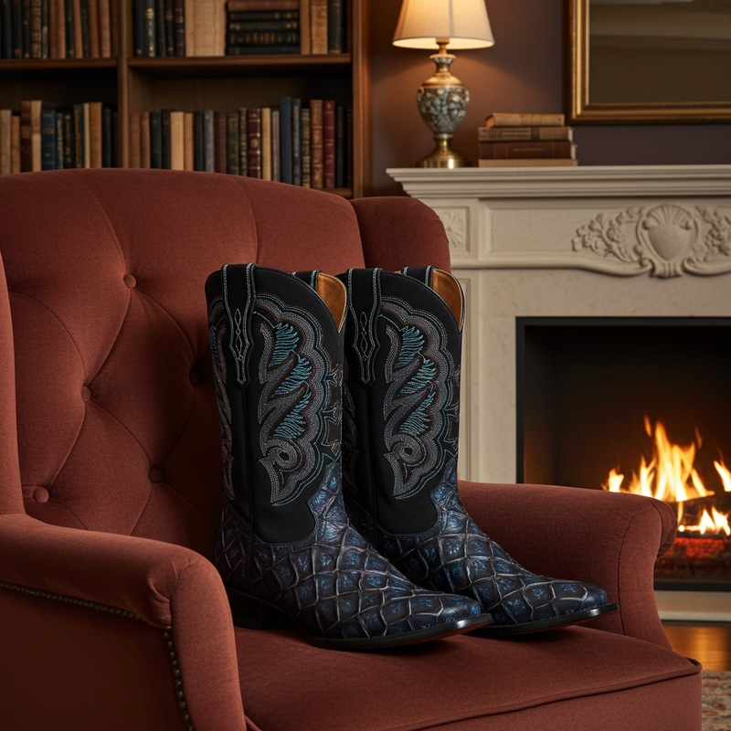 Load image into Gallery viewer, CP1707 - Cowboy Prayer Hand Crafted Blue Pirarucu Print Cowboy Boots
