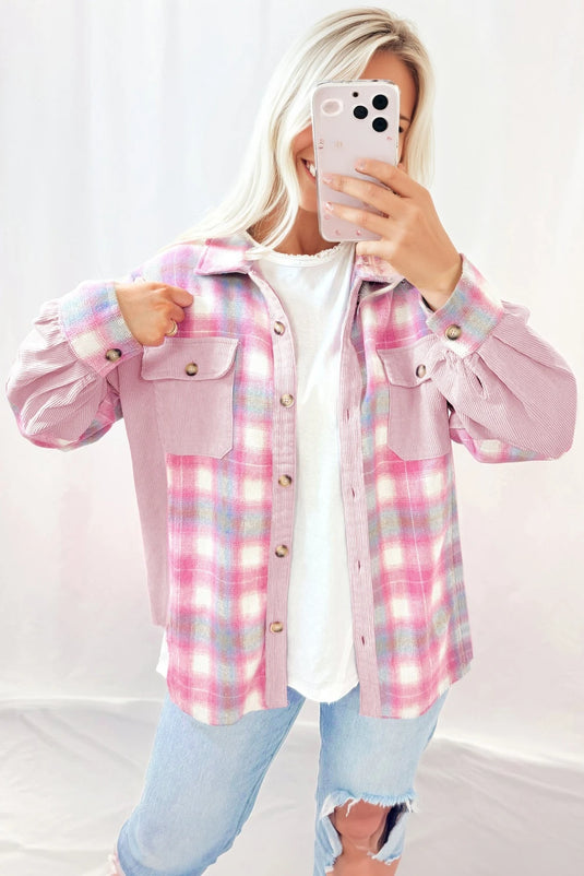 DLLS234 - Ladies Pink Brushed Plaid Corduroy Flap Pockets Patchwork Shacket