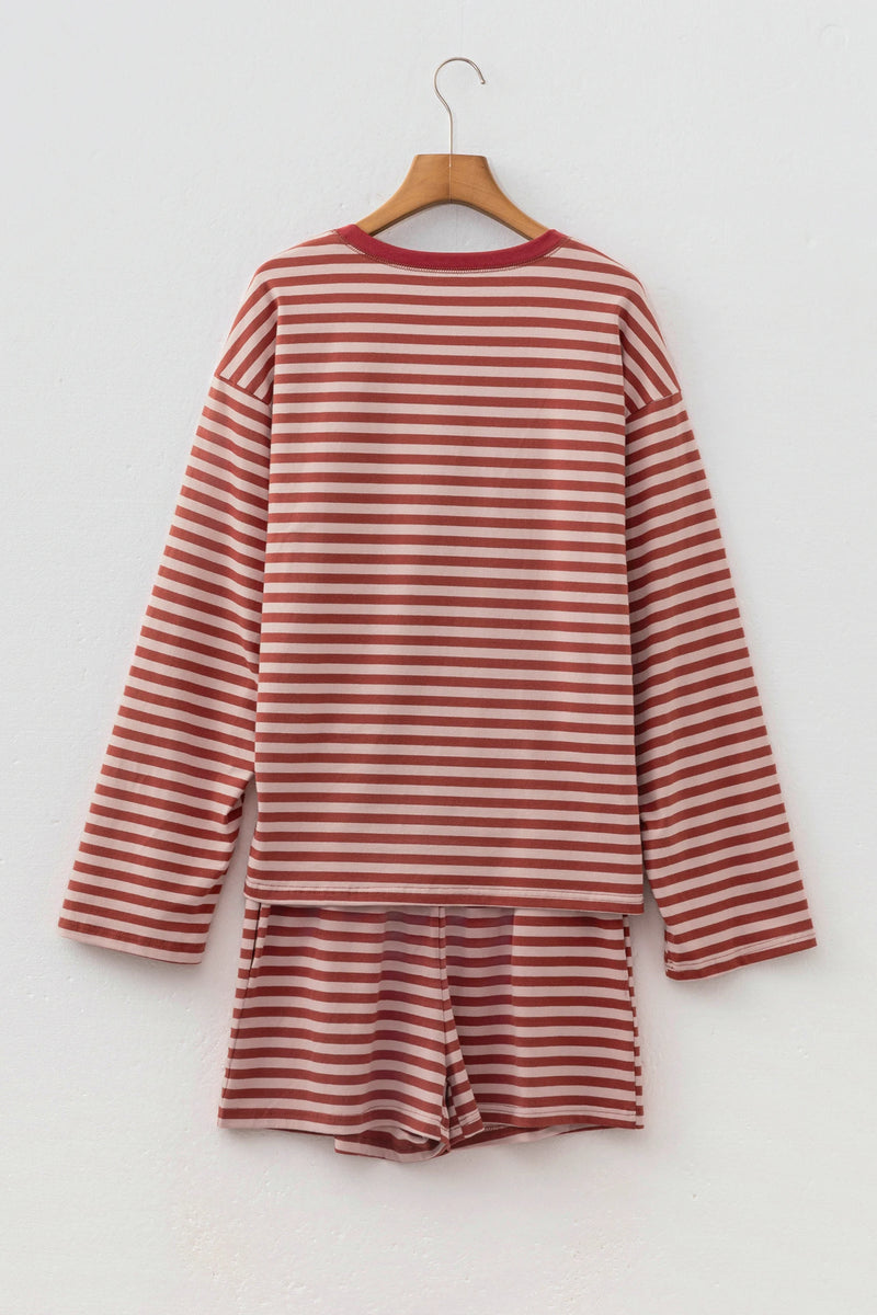 Load image into Gallery viewer, DLLS767 - Ladies Brown Stripe Long Sleeve Top Contrast Elastic Waistband Short Set
