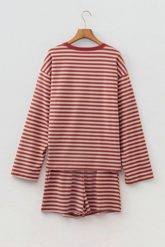 DLLS767 - Ladies Brown Stripe Long Sleeve Top Contrast Elastic Waistband Short Set
