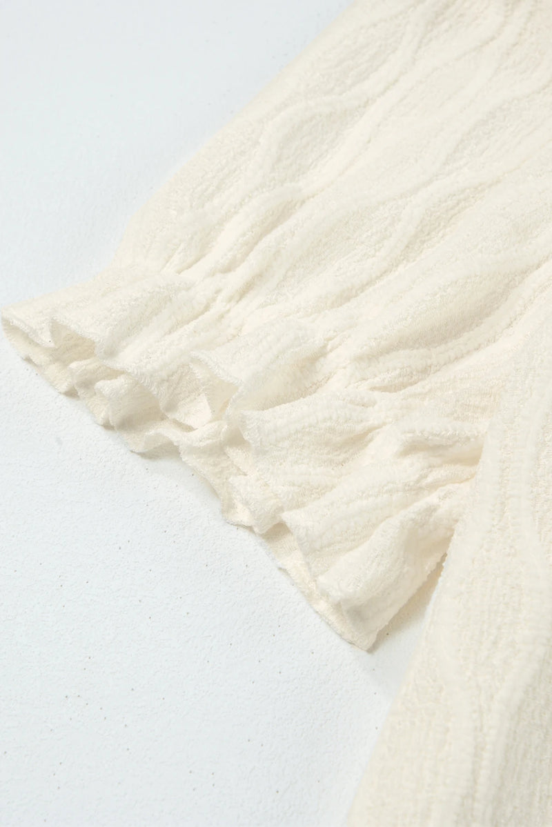 Load image into Gallery viewer, DLLS335 - Ladies White Solid Color Textured Notched Neck Puff Sleeve Blouse
